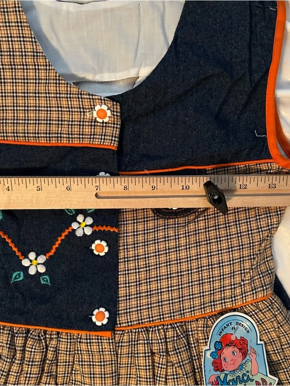 Vintage Narci Stell Sleeveless Patchwork Plaid Denim Flower Dress Girls 8 orange
